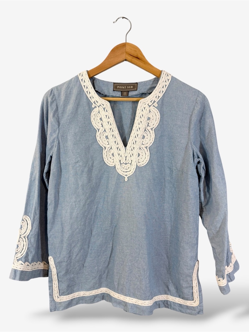 J. Crew Point Sur Chambray Tunic XS Linen Cotton Embroidered V-Neck Preppy